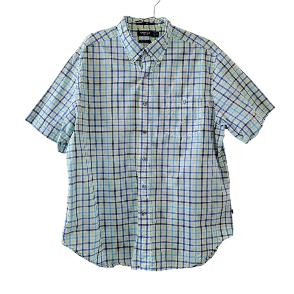 Nautica Button Down Plaid Shirt Mens Sz XL Blue White Green Short Sleeve Cotton